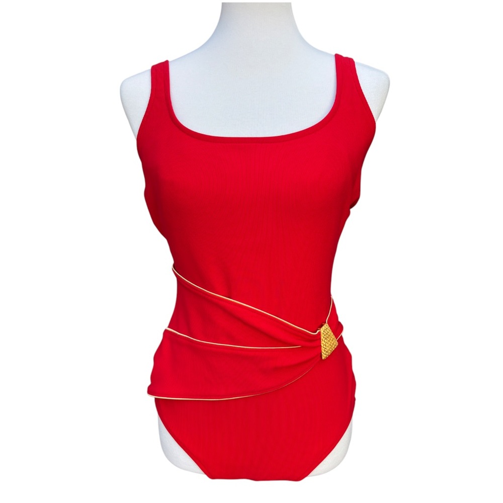 Vintage 80’s Roxanne Red Retro One Piece Swimsuit With Gold Cording & Medallion